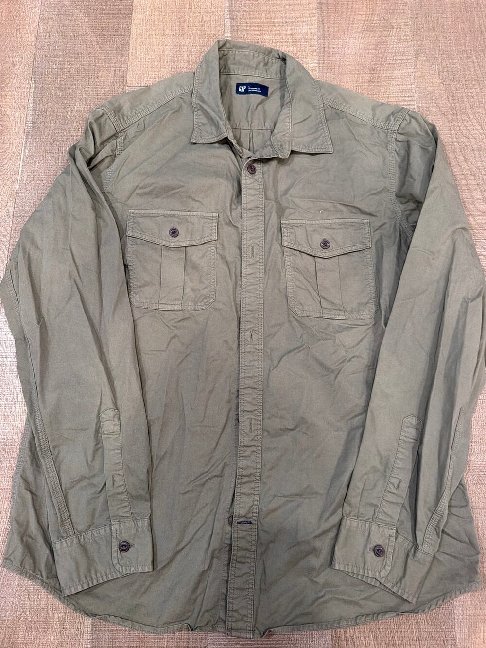 GAP men's long-sleeve utility work shirt in an olive green shade
